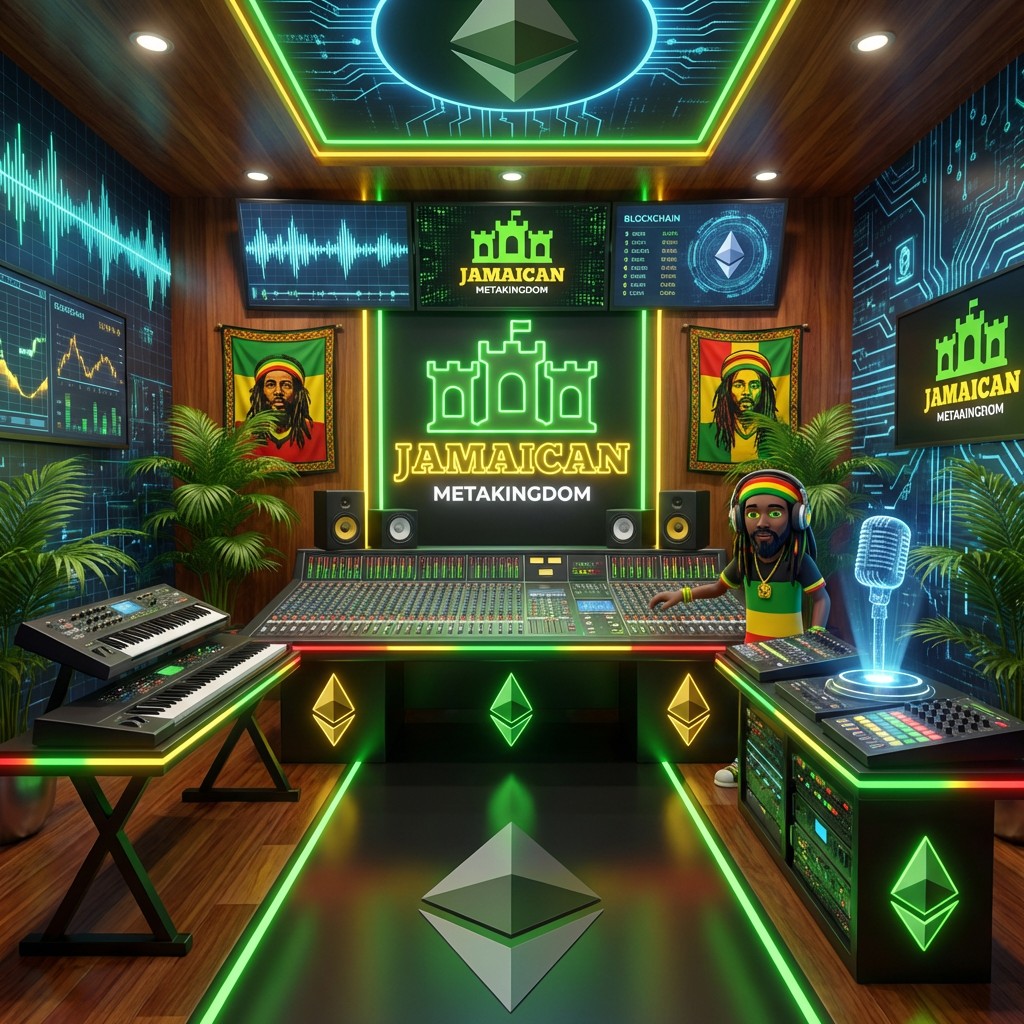 ETH Studio — Jamaican Metakingdom production studio in Cyberpunk City: neon-lit mixing console, blockchain displays, music and digital content