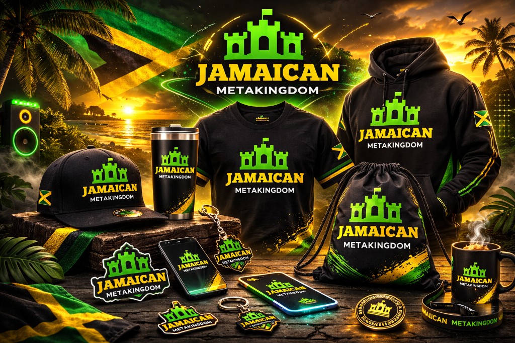 JAMAICAN METAKINGDOM merchandise — t-shirts, hoodies, caps, tumblers, mugs, drawstring bags, keychains, phone cases, and more. Black with green and yellow branding.