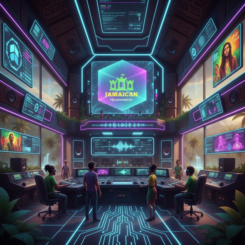 SOL Studio — Jamaican Metakingdom digital media production studio: mixing consoles, neon control room, metaverse and music production